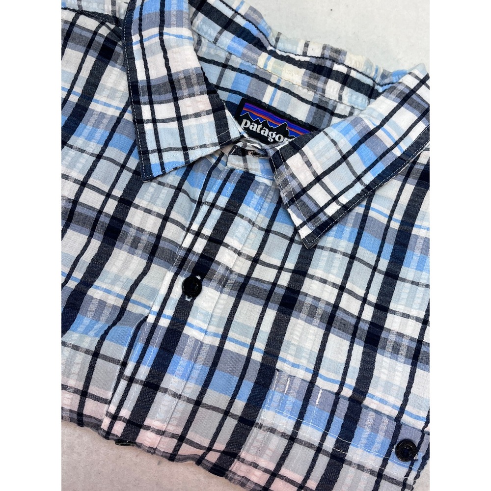 Patagonia Puckerware Seersucker Blue Plaid Short Sleeve‎ Shirt Sz XL Hiking